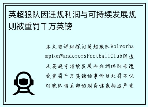 英超狼队因违规利润与可持续发展规则被重罚千万英镑